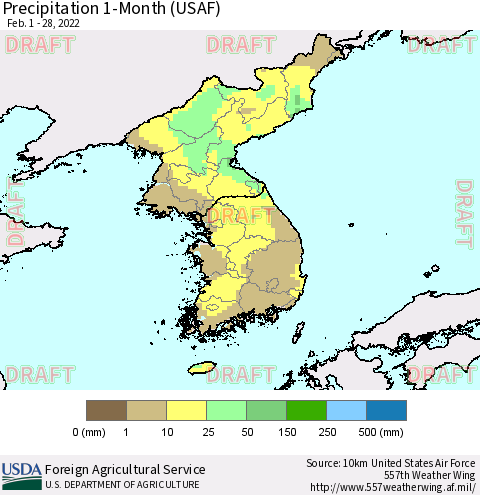 Korea Precipitation 1-Month (USAF) Thematic Map For 2/1/2022 - 2/28/2022