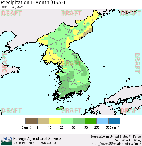 Korea Precipitation 1-Month (USAF) Thematic Map For 4/1/2022 - 4/30/2022