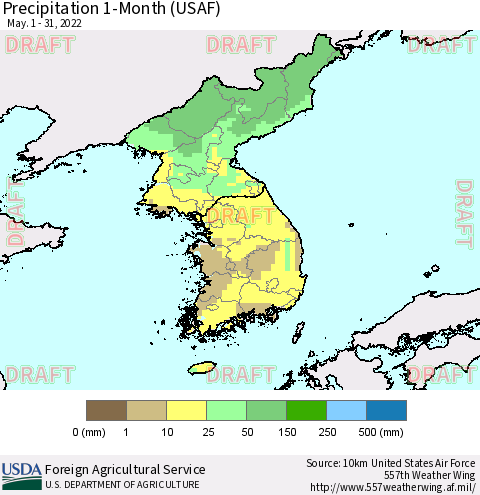 Korea Precipitation 1-Month (USAF) Thematic Map For 5/1/2022 - 5/31/2022