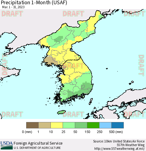 Korea Precipitation 1-Month (USAF) Thematic Map For 3/1/2023 - 3/31/2023