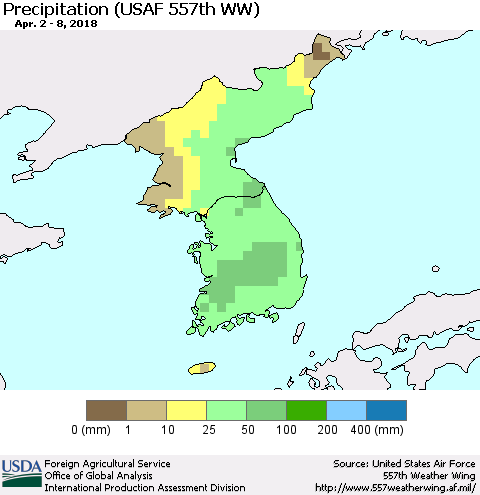 Korea Precipitation (USAF 557th WW) Thematic Map For 4/2/2018 - 4/8/2018