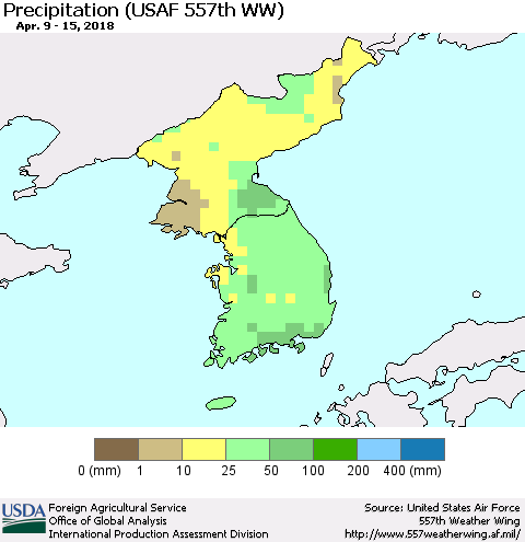 Korea Precipitation (USAF 557th WW) Thematic Map For 4/9/2018 - 4/15/2018