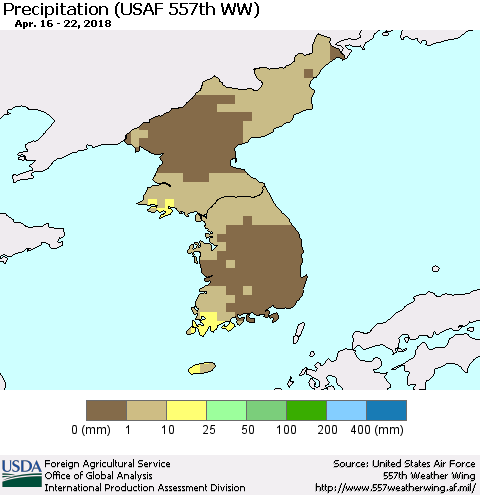 Korea Precipitation (USAF 557th WW) Thematic Map For 4/16/2018 - 4/22/2018
