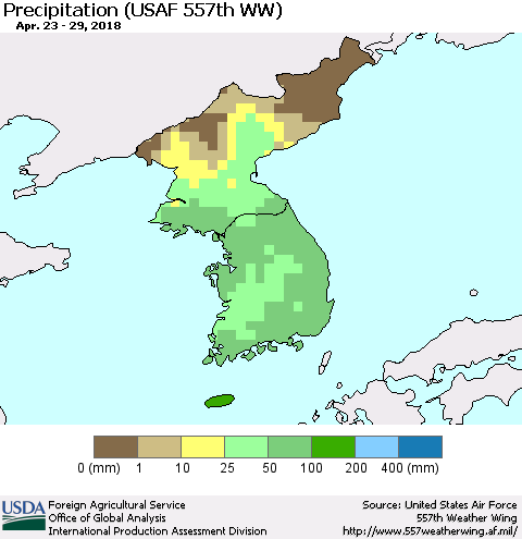 Korea Precipitation (USAF 557th WW) Thematic Map For 4/23/2018 - 4/29/2018