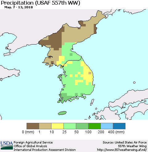 Korea Precipitation (USAF 557th WW) Thematic Map For 5/7/2018 - 5/13/2018