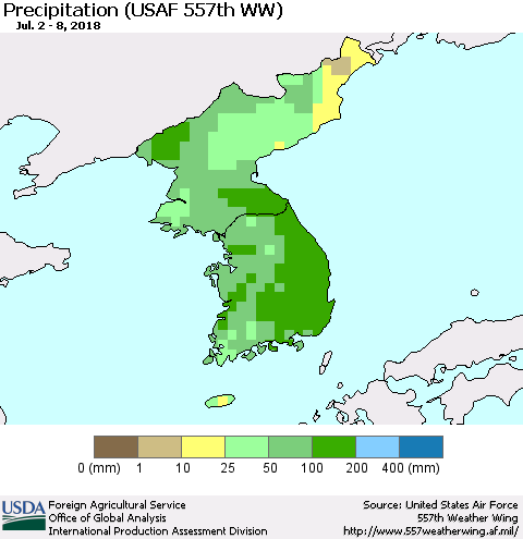 Korea Precipitation (USAF 557th WW) Thematic Map For 7/2/2018 - 7/8/2018