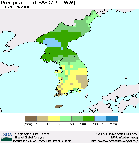 Korea Precipitation (USAF 557th WW) Thematic Map For 7/9/2018 - 7/15/2018