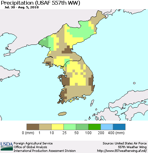 Korea Precipitation (USAF 557th WW) Thematic Map For 7/30/2018 - 8/5/2018