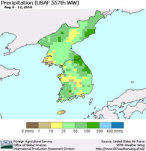 Korea Precipitation (USAF 557th WW) Thematic Map For 8/6/2018 - 8/12/2018