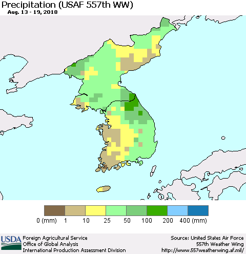 Korea Precipitation (USAF 557th WW) Thematic Map For 8/13/2018 - 8/19/2018