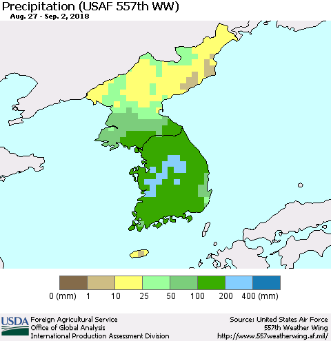 Korea Precipitation (USAF 557th WW) Thematic Map For 8/27/2018 - 9/2/2018