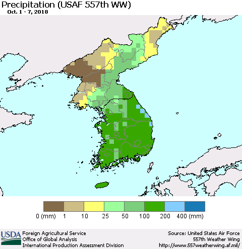 Korea Precipitation (USAF 557th WW) Thematic Map For 10/1/2018 - 10/7/2018