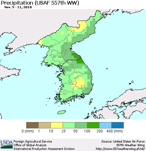 Korea Precipitation (USAF 557th WW) Thematic Map For 11/5/2018 - 11/11/2018