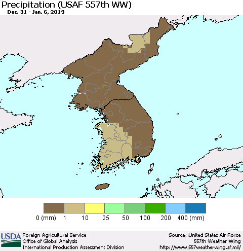 Korea Precipitation (USAF 557th WW) Thematic Map For 12/31/2018 - 1/6/2019