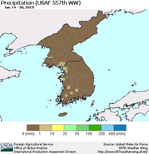 Korea Precipitation (USAF 557th WW) Thematic Map For 1/14/2019 - 1/20/2019