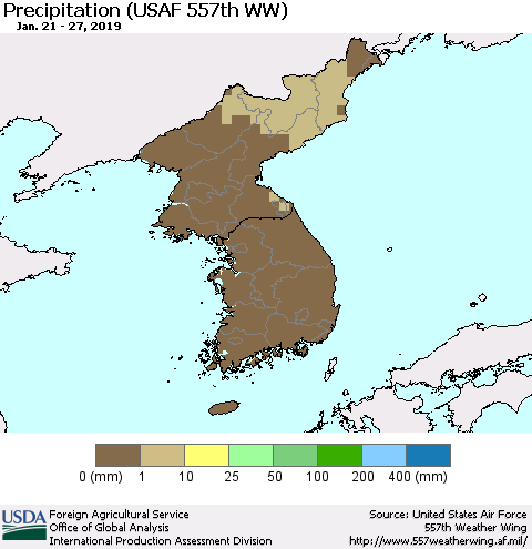 Korea Precipitation (USAF 557th WW) Thematic Map For 1/21/2019 - 1/27/2019