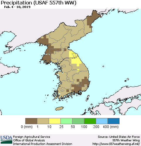 Korea Precipitation (USAF 557th WW) Thematic Map For 2/4/2019 - 2/10/2019