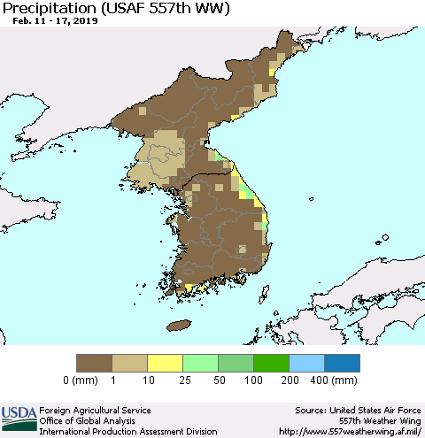 Korea Precipitation (USAF 557th WW) Thematic Map For 2/11/2019 - 2/17/2019