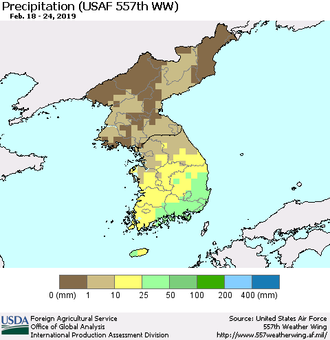 Korea Precipitation (USAF 557th WW) Thematic Map For 2/18/2019 - 2/24/2019