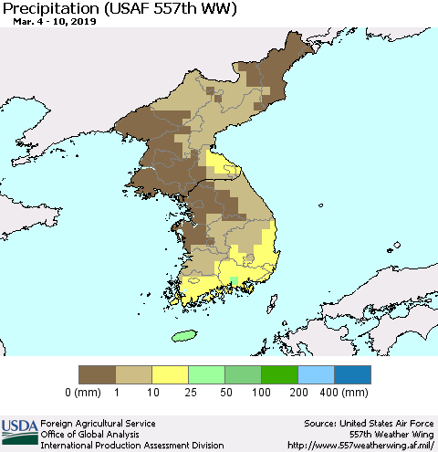 Korea Precipitation (USAF 557th WW) Thematic Map For 3/4/2019 - 3/10/2019