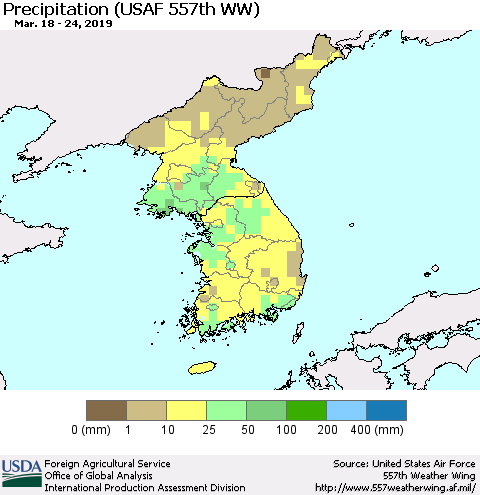 Korea Precipitation (USAF 557th WW) Thematic Map For 3/18/2019 - 3/24/2019