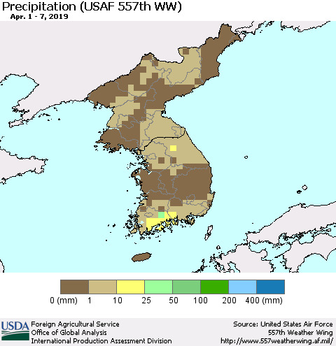 Korea Precipitation (USAF 557th WW) Thematic Map For 4/1/2019 - 4/7/2019
