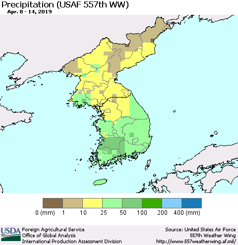 Korea Precipitation (USAF 557th WW) Thematic Map For 4/8/2019 - 4/14/2019