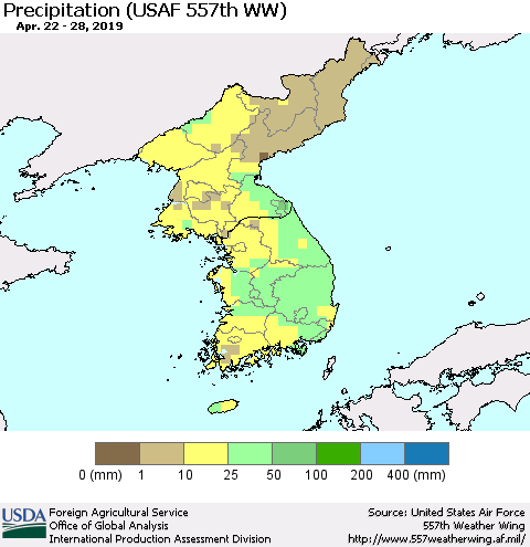 Korea Precipitation (USAF 557th WW) Thematic Map For 4/22/2019 - 4/28/2019