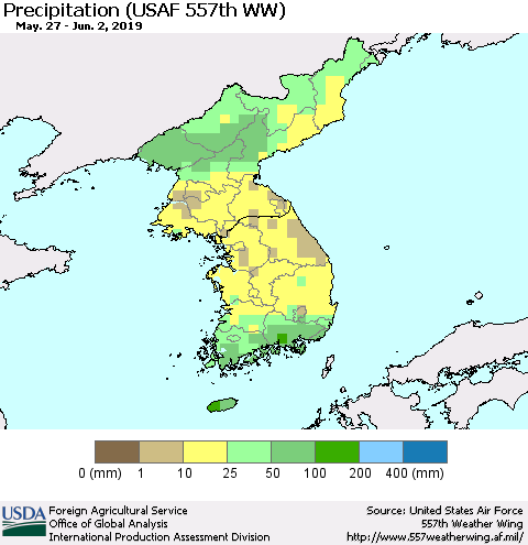 Korea Precipitation (USAF 557th WW) Thematic Map For 5/27/2019 - 6/2/2019