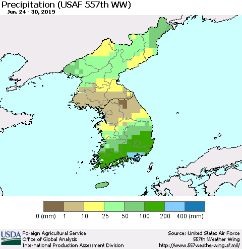 Korea Precipitation (USAF 557th WW) Thematic Map For 6/24/2019 - 6/30/2019