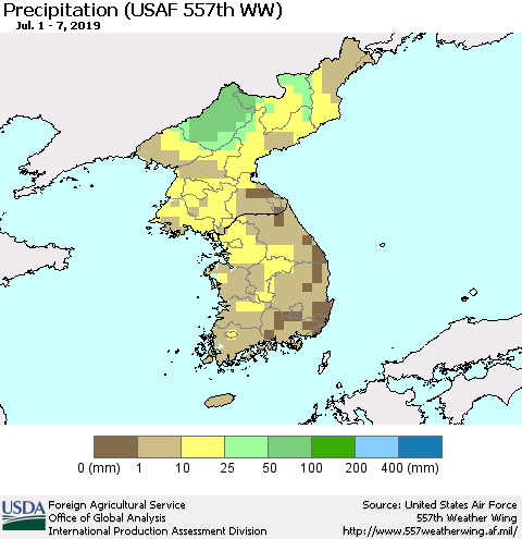 Korea Precipitation (USAF 557th WW) Thematic Map For 7/1/2019 - 7/7/2019