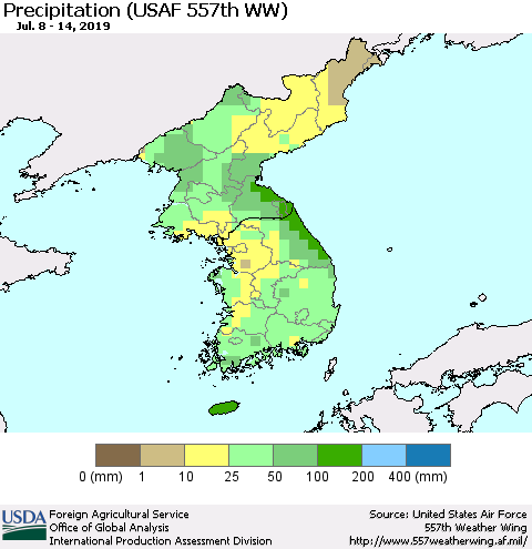 Korea Precipitation (USAF 557th WW) Thematic Map For 7/8/2019 - 7/14/2019