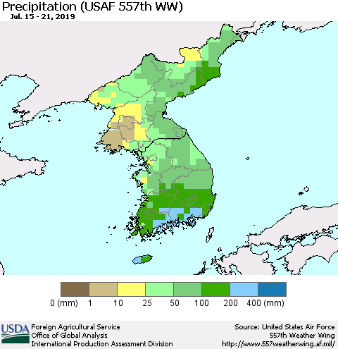 Korea Precipitation (USAF 557th WW) Thematic Map For 7/15/2019 - 7/21/2019
