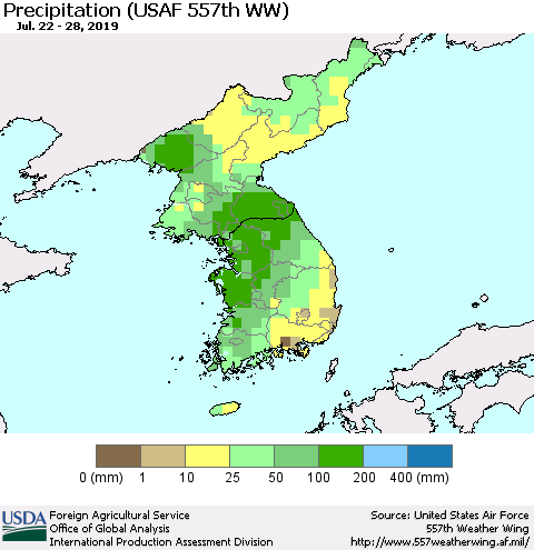 Korea Precipitation (USAF 557th WW) Thematic Map For 7/22/2019 - 7/28/2019