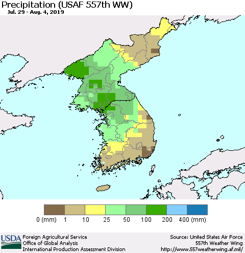 Korea Precipitation (USAF 557th WW) Thematic Map For 7/29/2019 - 8/4/2019