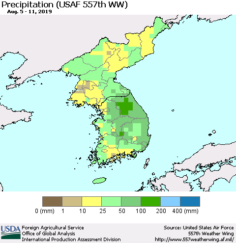 Korea Precipitation (USAF 557th WW) Thematic Map For 8/5/2019 - 8/11/2019
