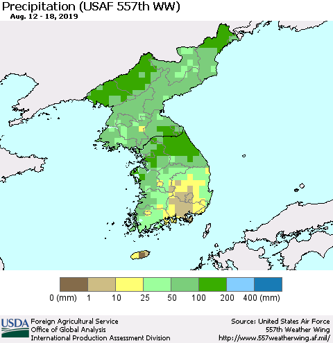 Korea Precipitation (USAF 557th WW) Thematic Map For 8/12/2019 - 8/18/2019