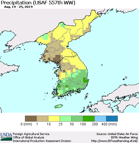 Korea Precipitation (USAF 557th WW) Thematic Map For 8/19/2019 - 8/25/2019