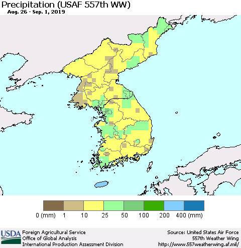 Korea Precipitation (USAF 557th WW) Thematic Map For 8/26/2019 - 9/1/2019