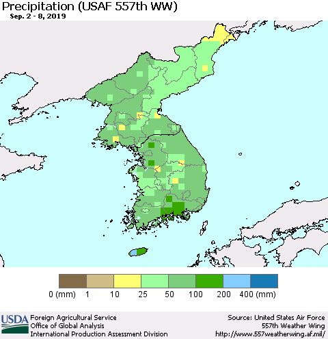 Korea Precipitation (USAF 557th WW) Thematic Map For 9/2/2019 - 9/8/2019