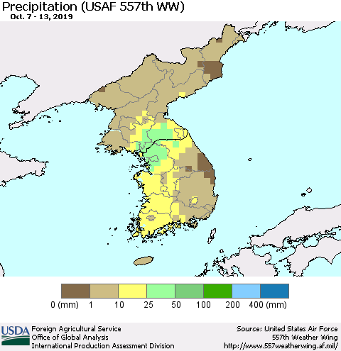 Korea Precipitation (USAF 557th WW) Thematic Map For 10/7/2019 - 10/13/2019