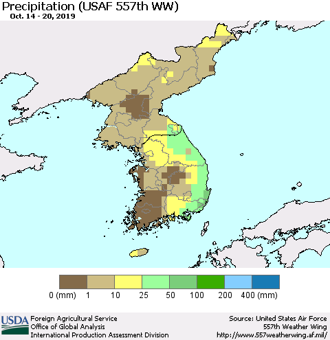 Korea Precipitation (USAF 557th WW) Thematic Map For 10/14/2019 - 10/20/2019