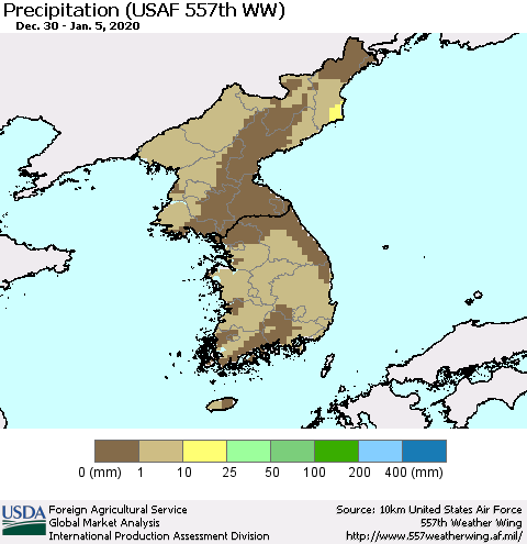 Korea Precipitation (USAF 557th WW) Thematic Map For 12/30/2019 - 1/5/2020