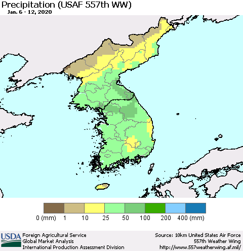 Korea Precipitation (USAF 557th WW) Thematic Map For 1/6/2020 - 1/12/2020