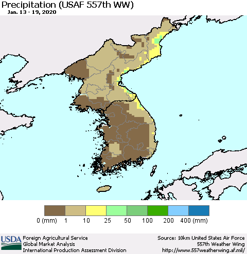 Korea Precipitation (USAF 557th WW) Thematic Map For 1/13/2020 - 1/19/2020