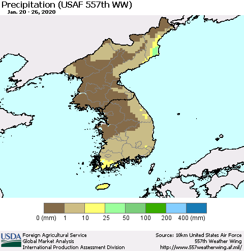 Korea Precipitation (USAF 557th WW) Thematic Map For 1/20/2020 - 1/26/2020
