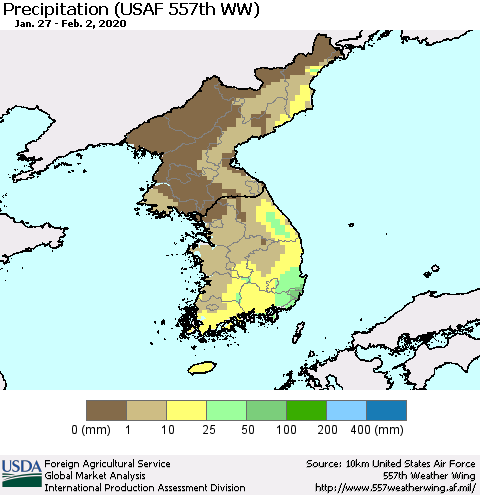 Korea Precipitation (USAF 557th WW) Thematic Map For 1/27/2020 - 2/2/2020