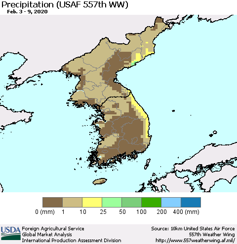 Korea Precipitation (USAF 557th WW) Thematic Map For 2/3/2020 - 2/9/2020