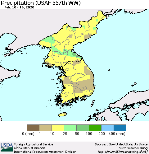 Korea Precipitation (USAF 557th WW) Thematic Map For 2/10/2020 - 2/16/2020