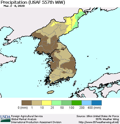 Korea Precipitation (USAF 557th WW) Thematic Map For 3/2/2020 - 3/8/2020